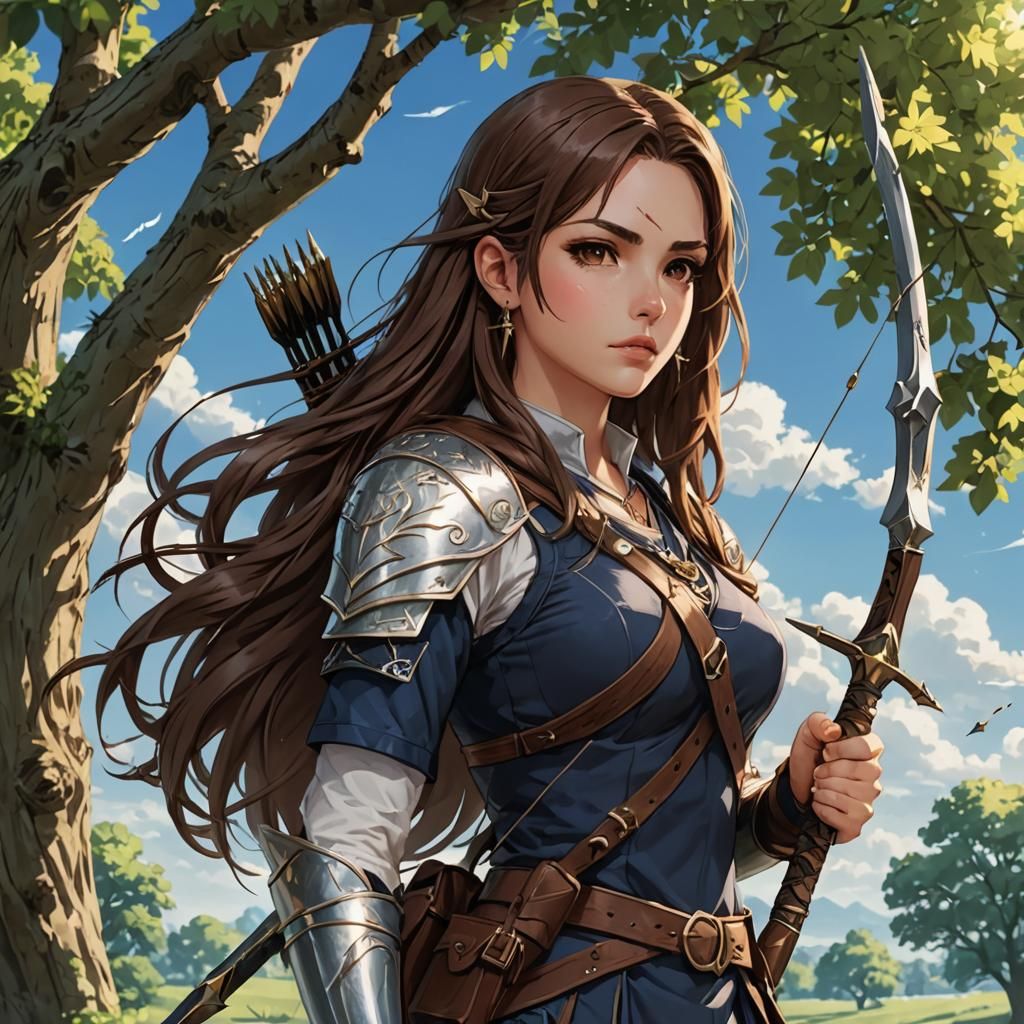 Female Warrior with Bow and Sword Outdoors