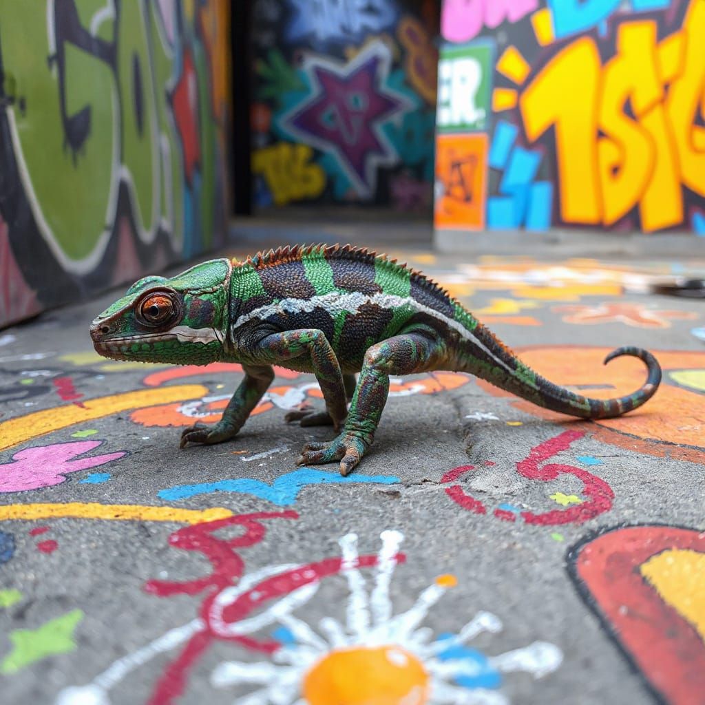 Chameleon on Graffiti Floor Living Canvas