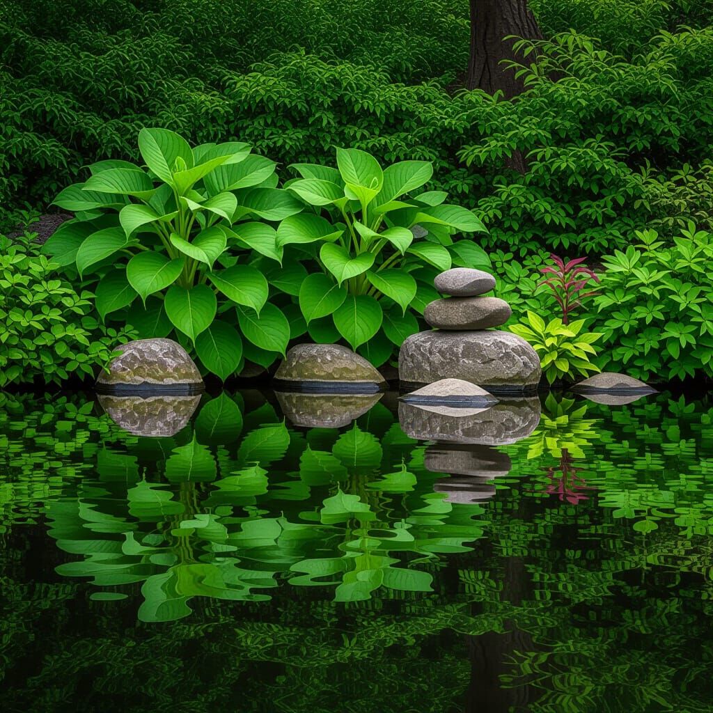 Perfectly Still Water Reflecting Plants and Stones