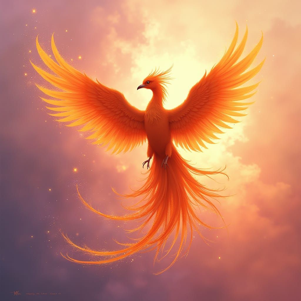 Vibrant Phoenix Soars Across Ombre Sky with Glitter and Rain