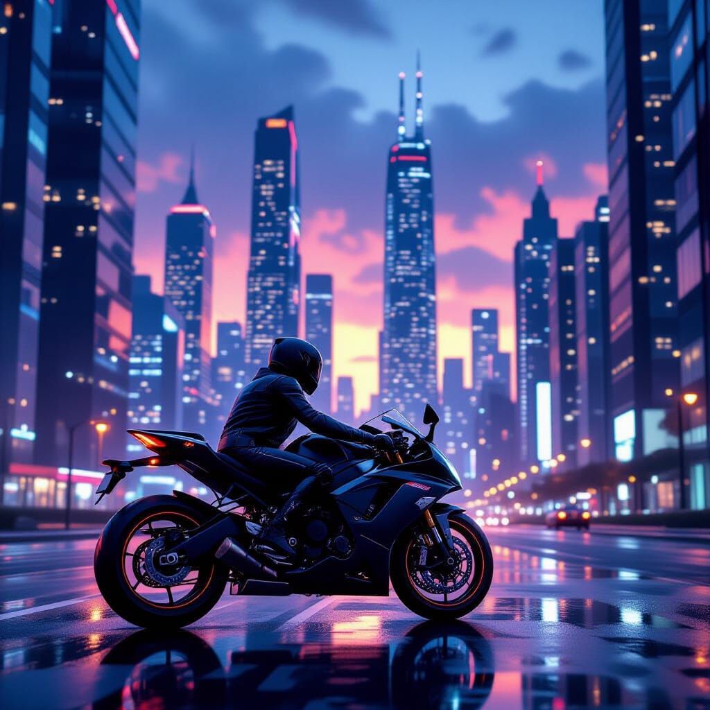 Biker Silhouette Against Futuristic Cityscape in Cinematic S...