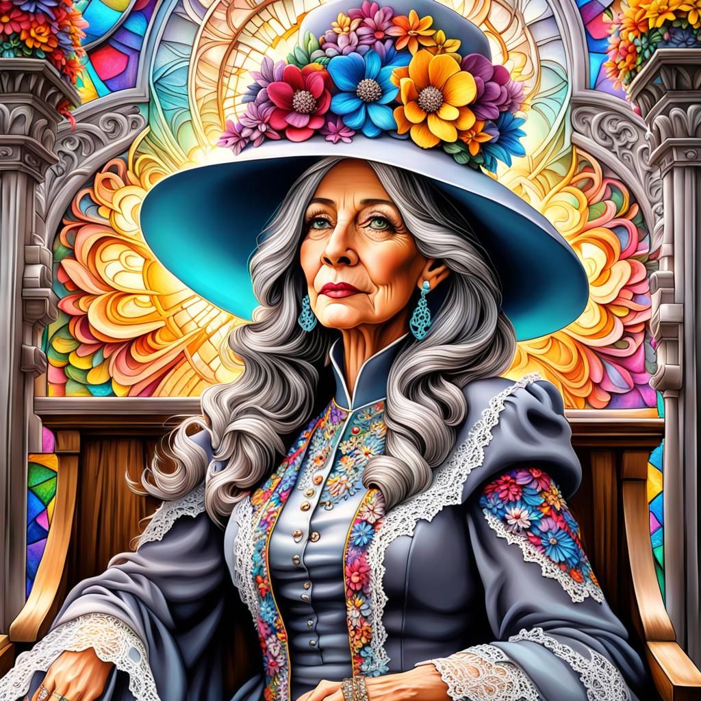 Woman in Ornate Hat in Hyperdetailed Church