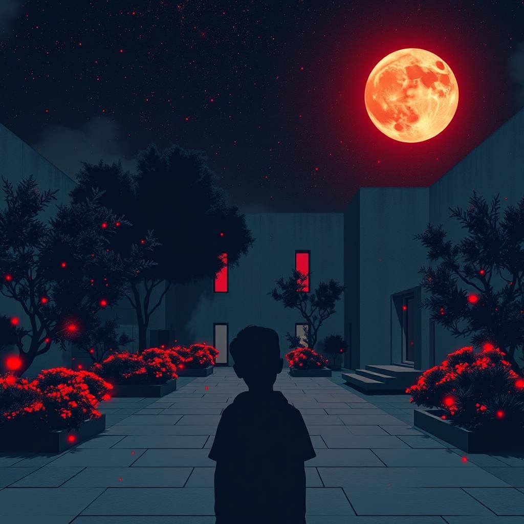 Night Garden with Red Moon