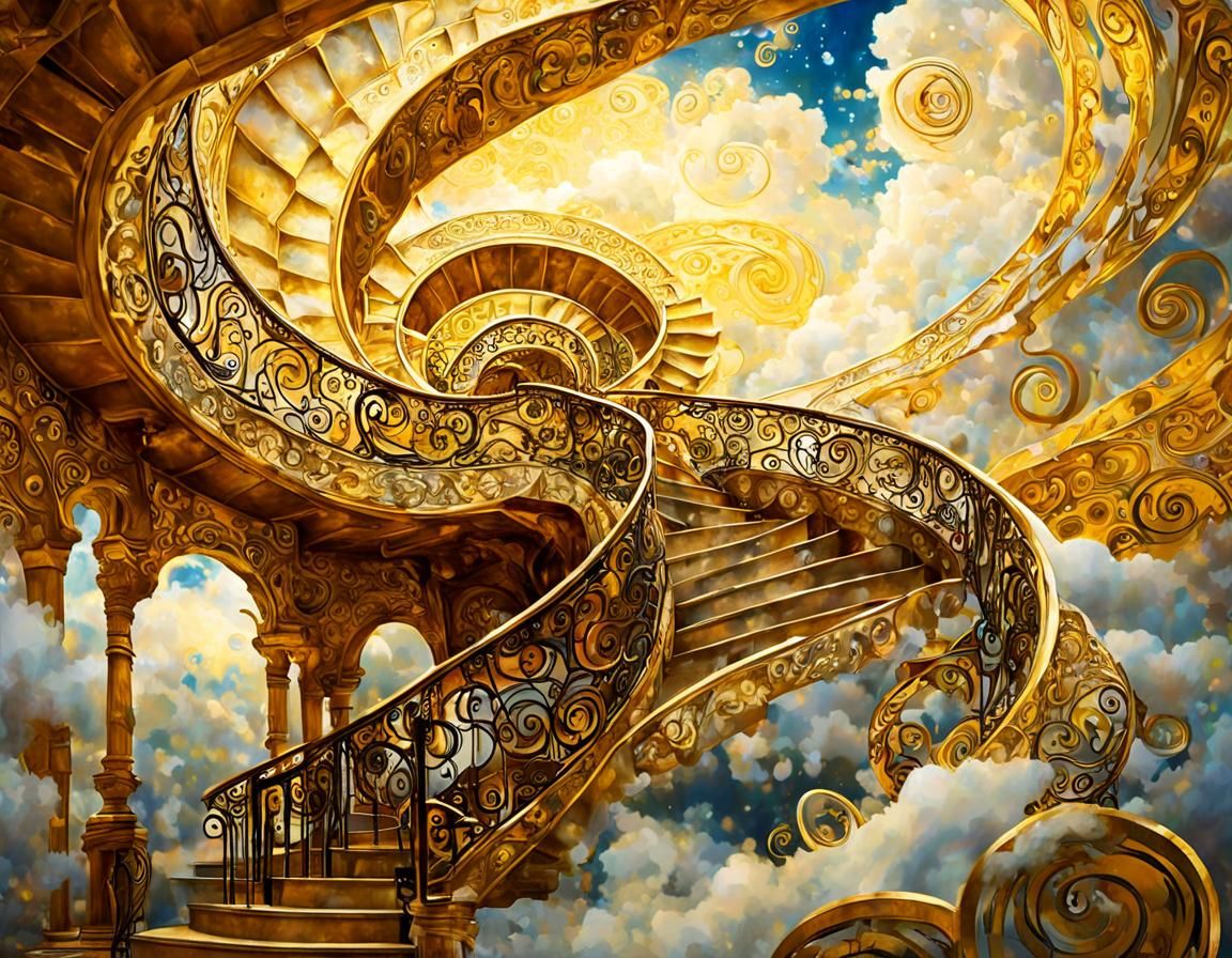 Golden Staircase Ascending to Heaven in Klimt Style