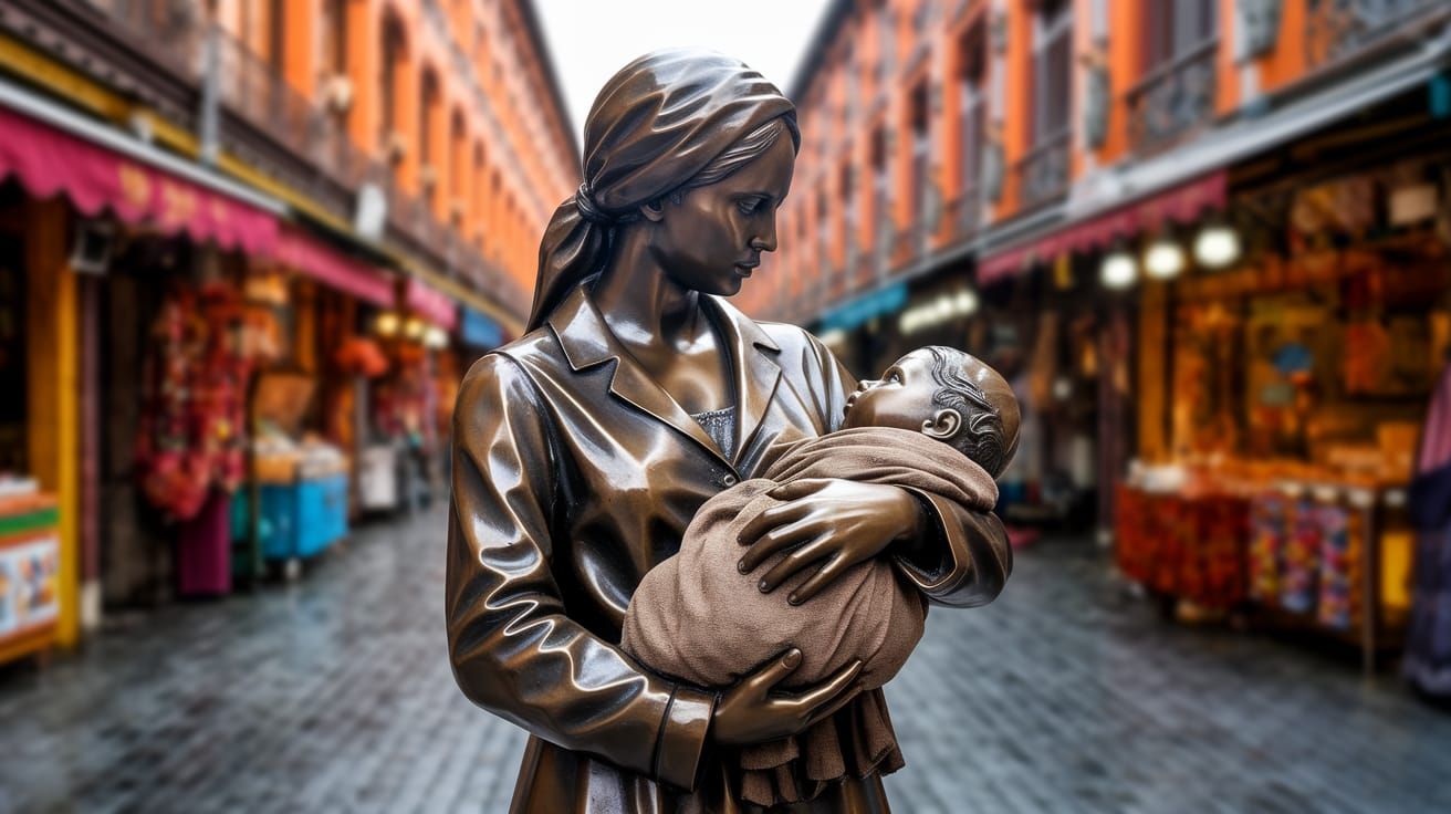 Mother and Baby Find Shelter in a Bustling Plaza