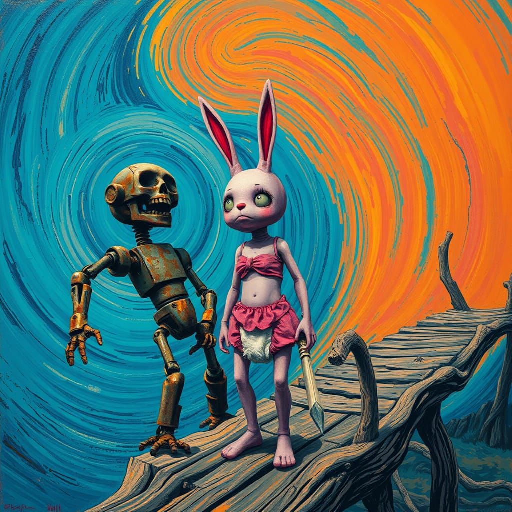 An intensely emotive anthropomorphic screaming pink cyber goth  bunny bot girl  In a pink tube top wearing a diaper, rem...