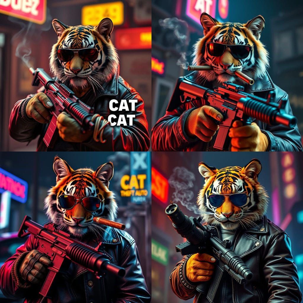 Tiger in Leather Jacket Smokes Cigar, Ready to Commit a Felo...