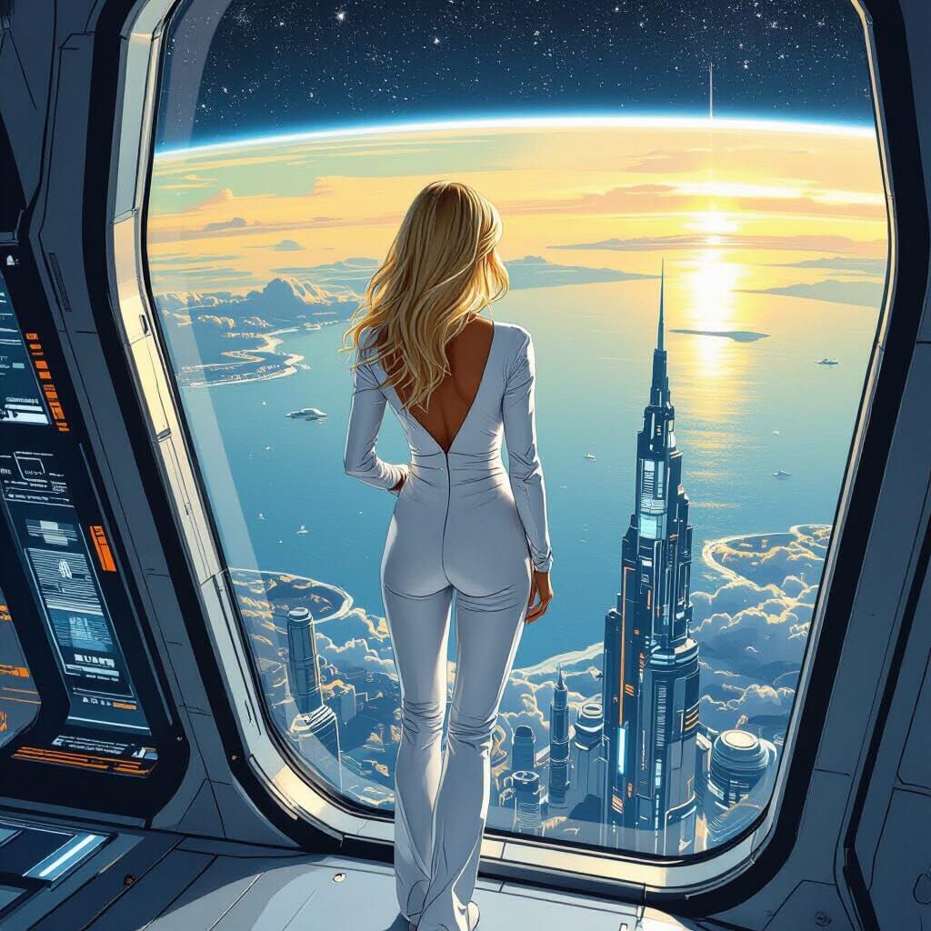 Futuristic Woman Gazing at Earth from Celestial Tower