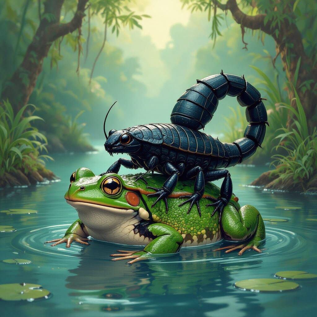 Scorpion and Frog River Crossing in Whimsical Illustrative S...