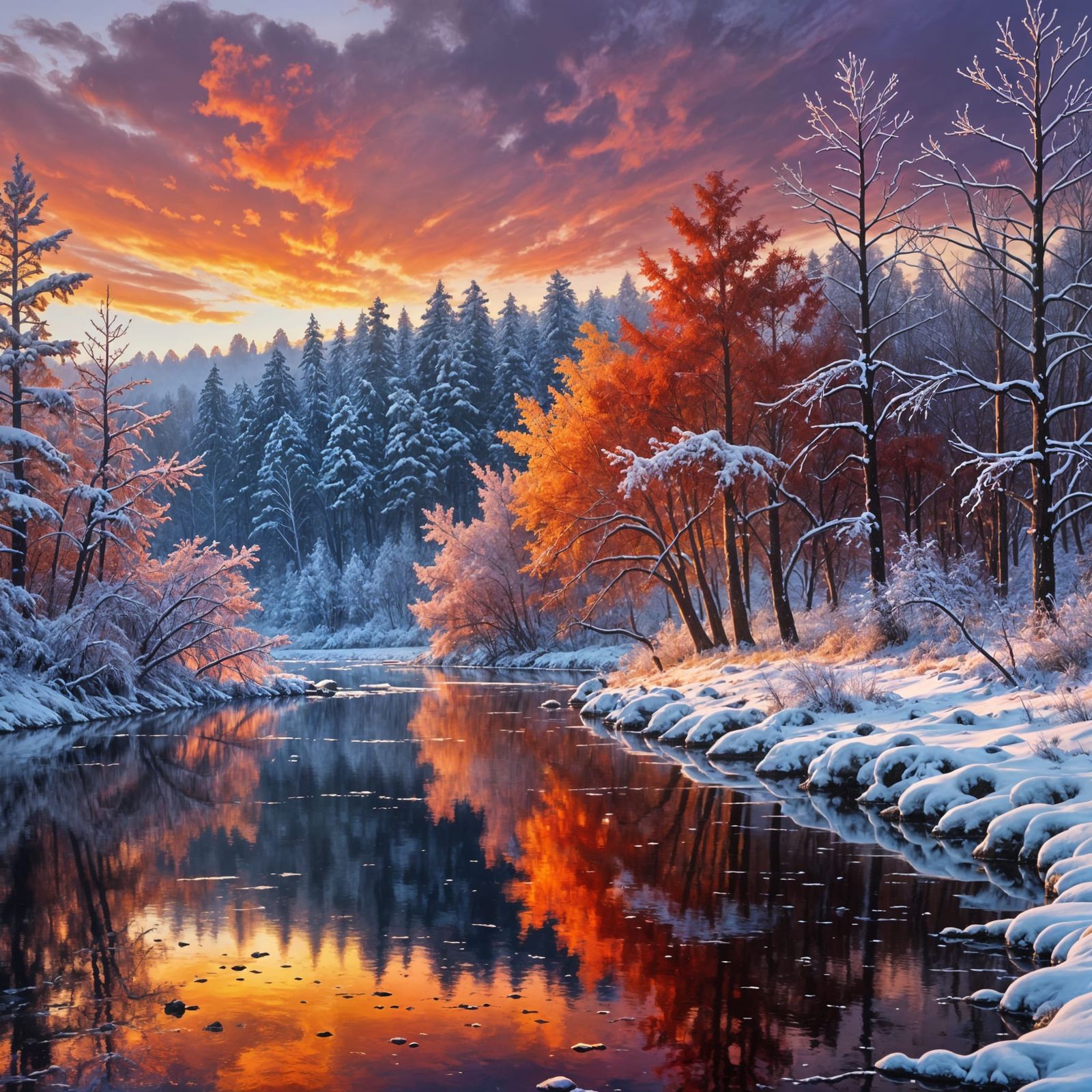 Vivid Winter Twilight Riverbank with Deer