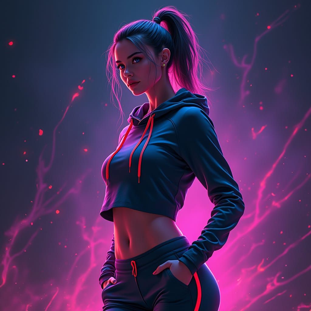 Confident Young Woman in Neon-Lit Athleisure Wear, Exuding E...