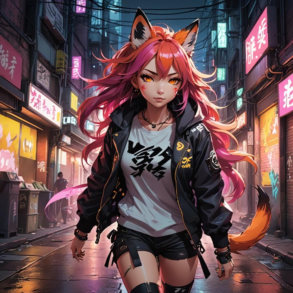 Punk Fox Girl in Neon Alleyway, Anime Style