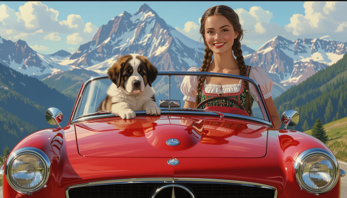 Woman in Dirndl with Puppy and Vintage Mercedes in Alps