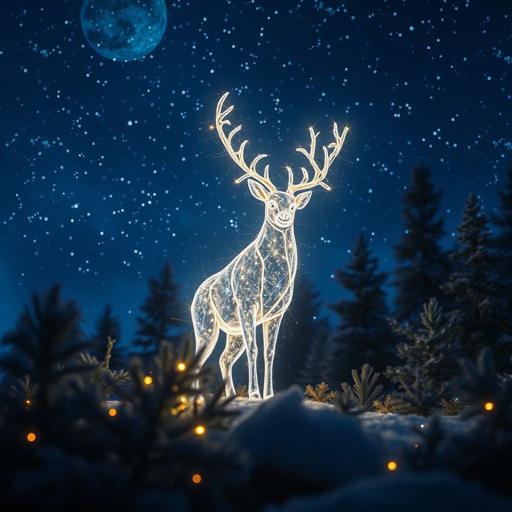 Glowing Reindeer Spirit in Midnight Forest, Klimt Style