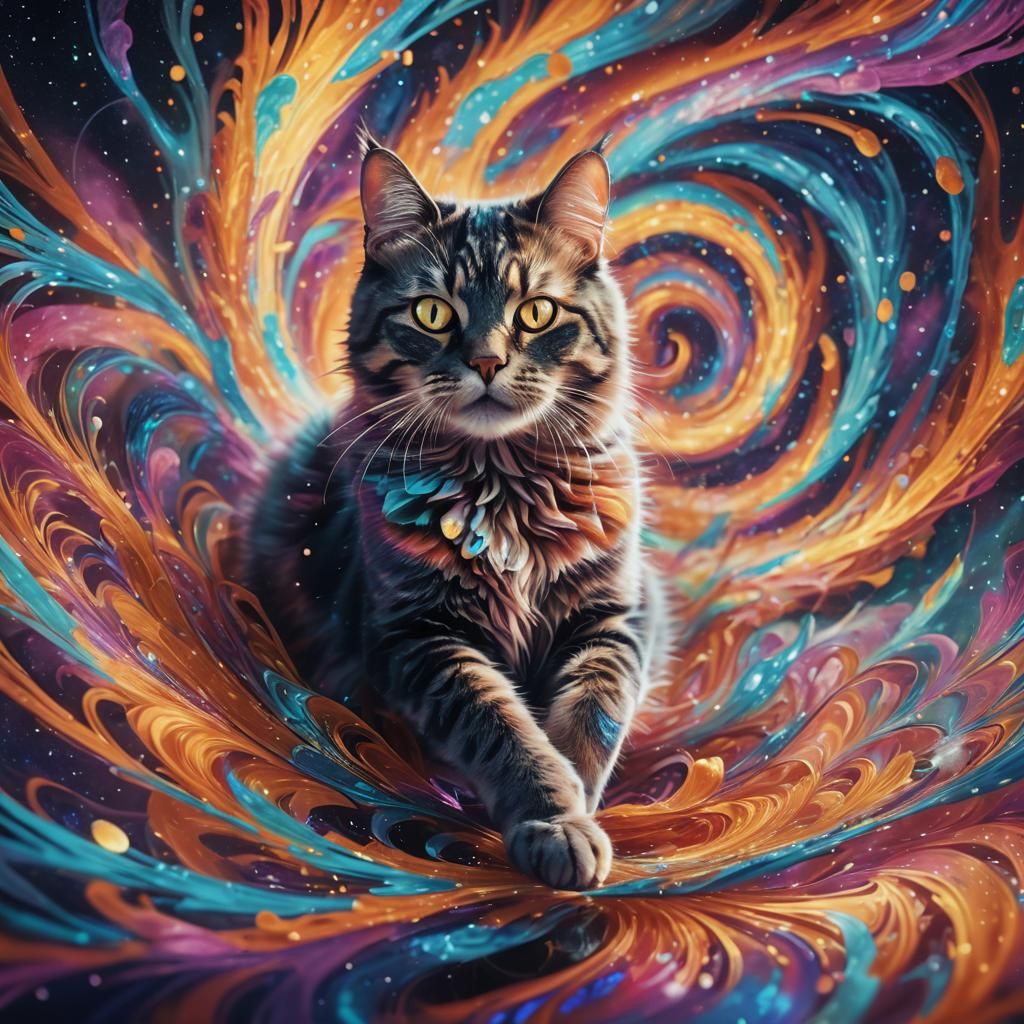 Cosmic Cat Floating in Psychedelic Astral Vortex