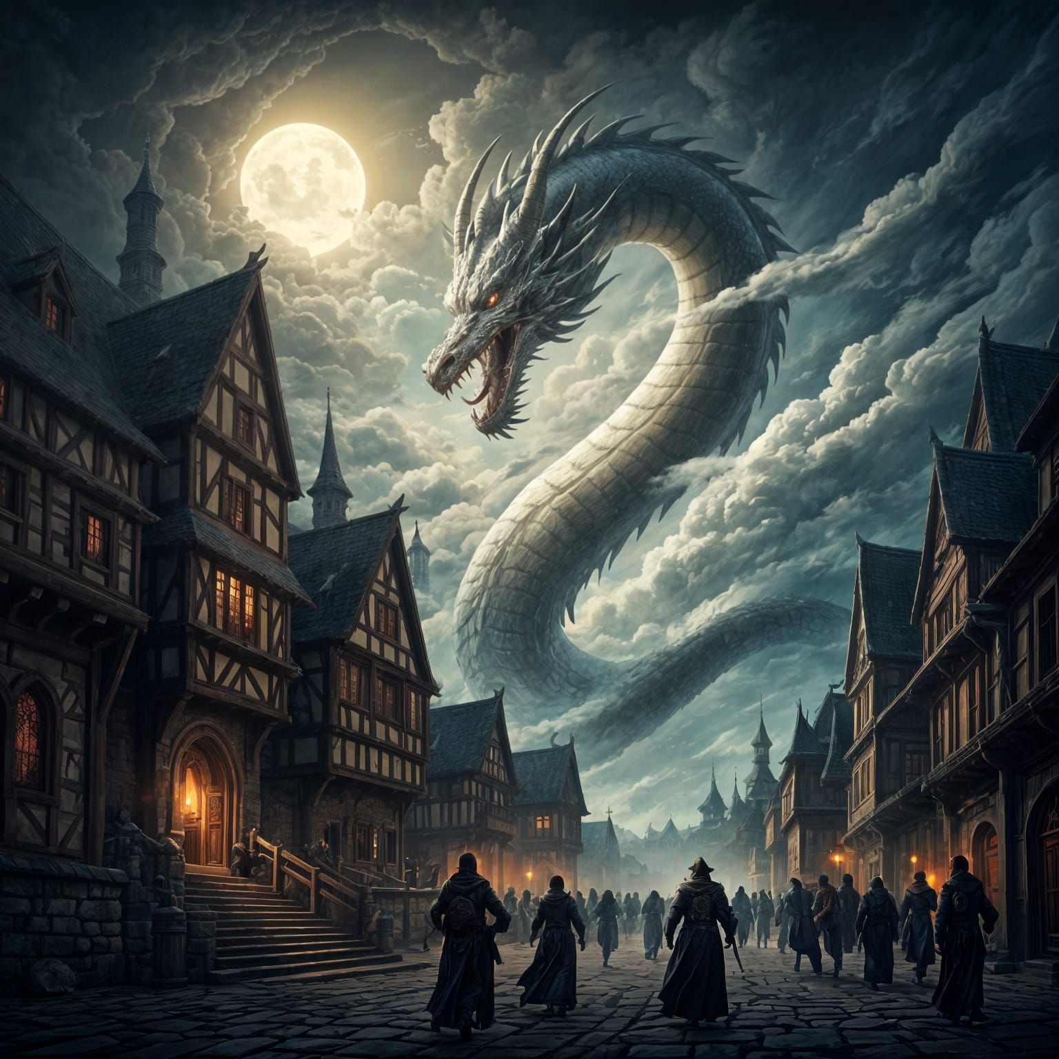 Cloud Dragon Over Medieval City in D&D Style