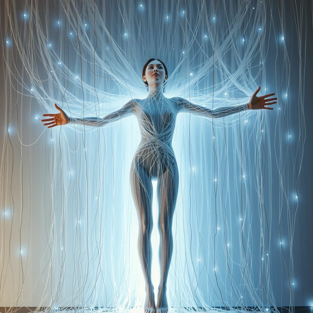 Ethereal String Woman Emerging from Matrix