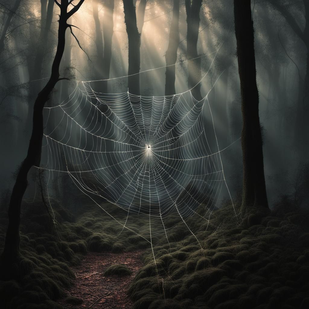 Mystical Spider Weaving Webs in Misty Forest
