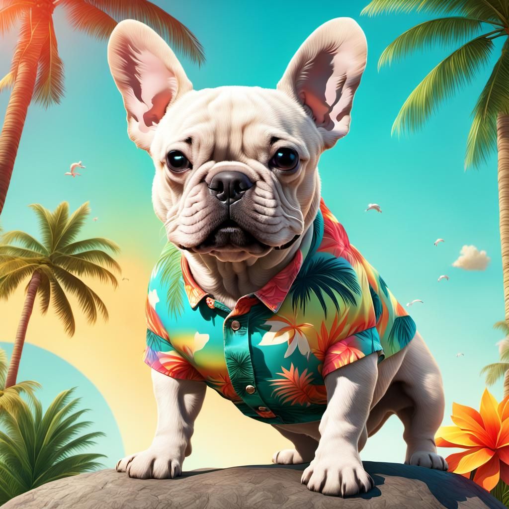 Happy French Bulldog in Hawaiian Shirt: Surreal 3D Art