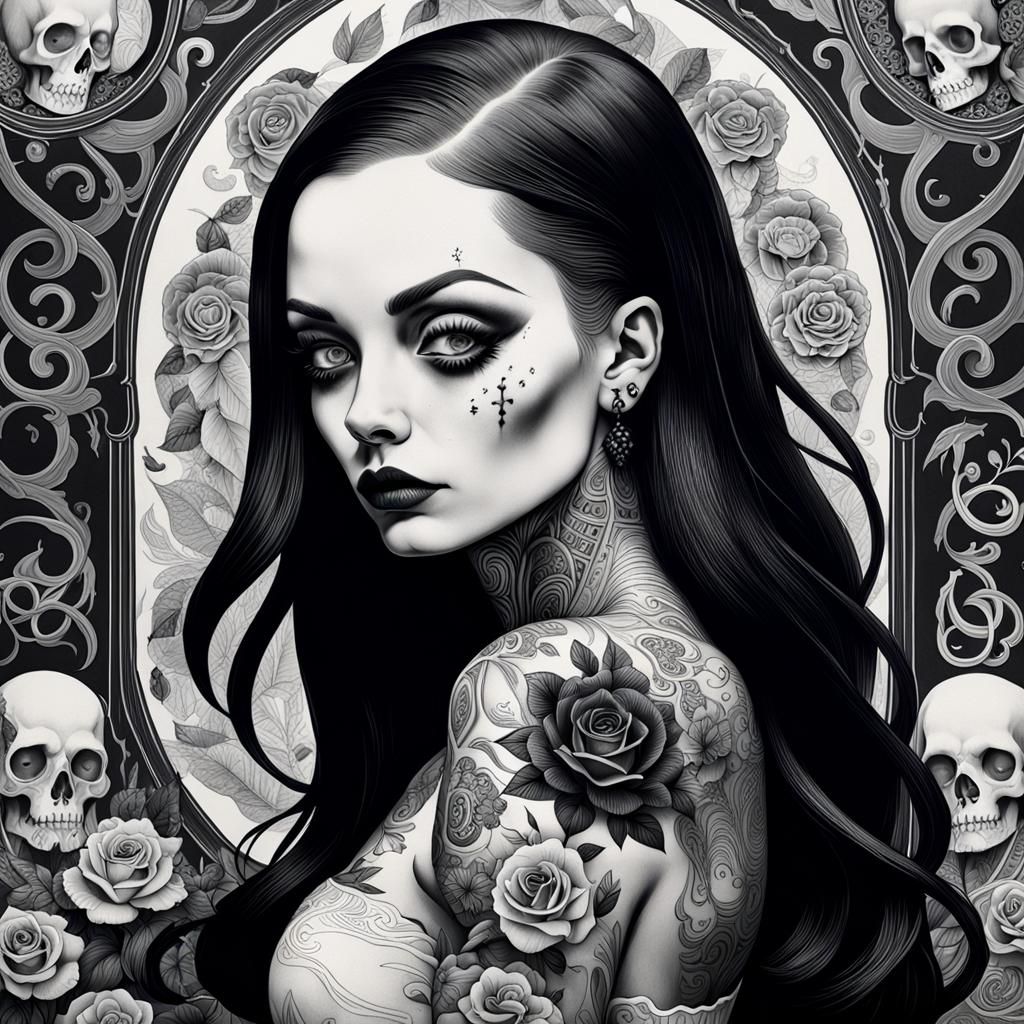 Morticia Addams Portrait in 1960s Black and White