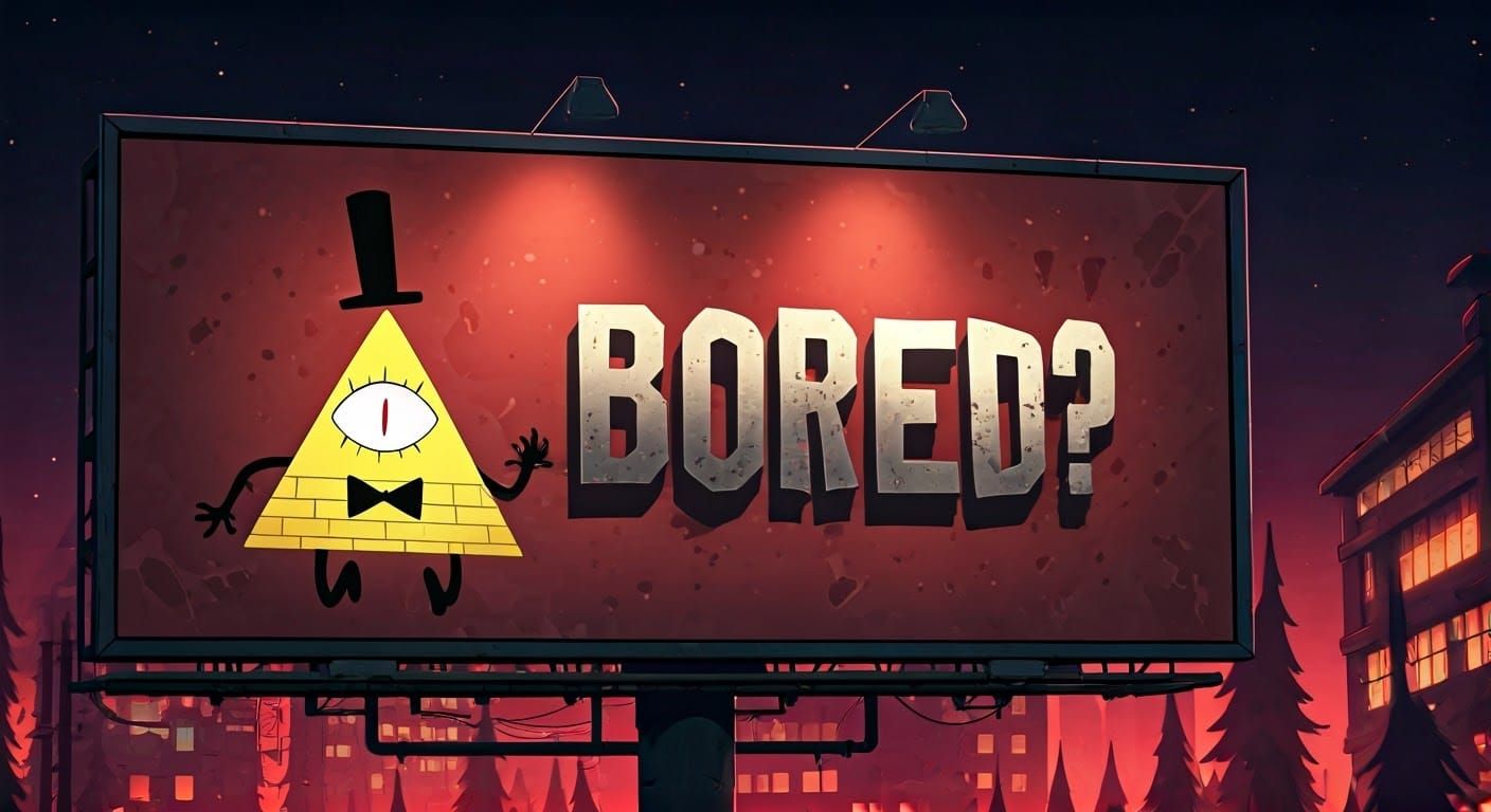 Sinister Bill Cipher Billboard in Abandoned Landscape