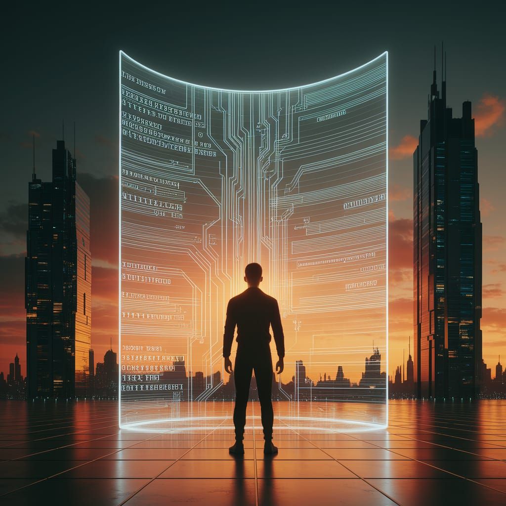 Futuristic Cityscape: Person Before Holographic Screen