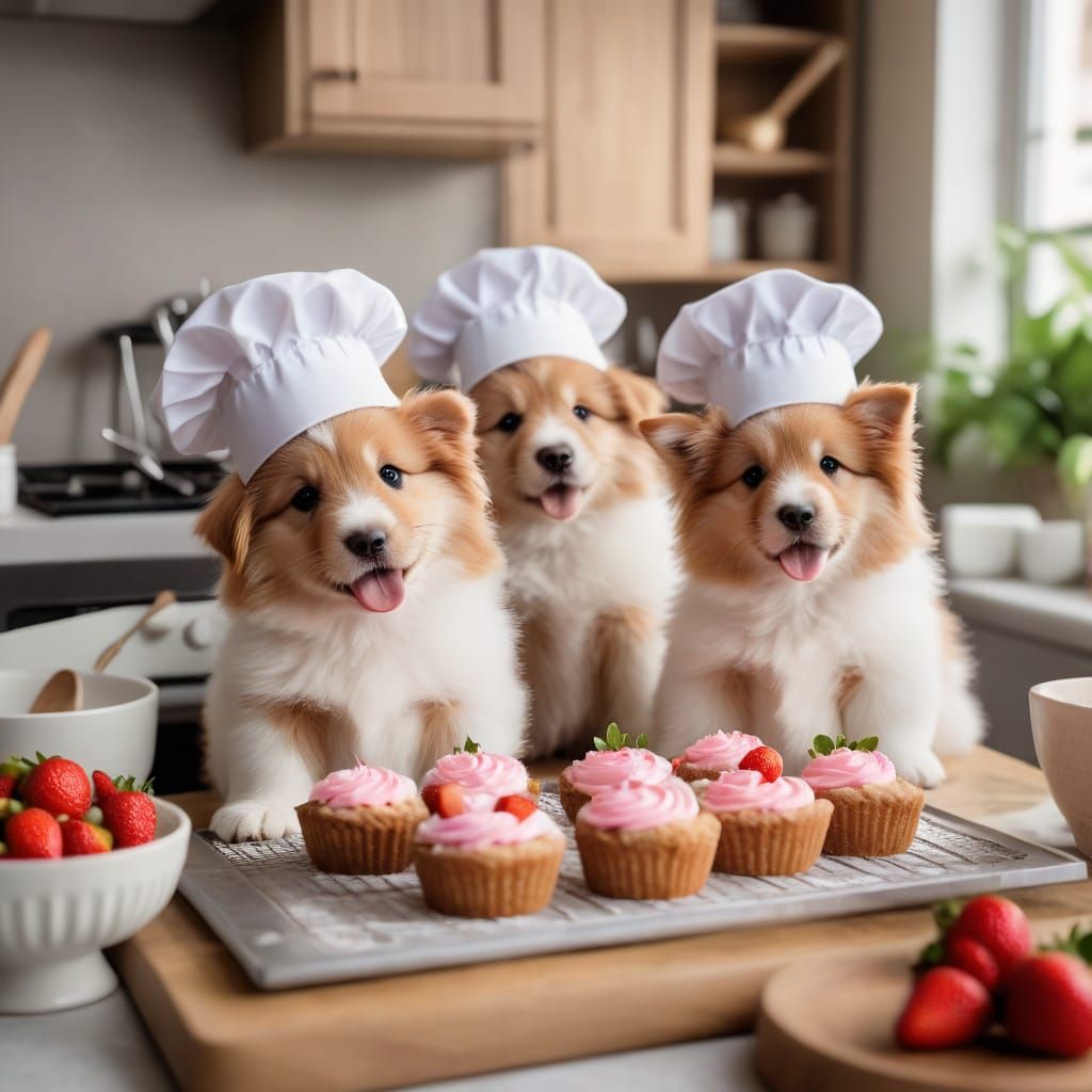 Adorable Chef Puppies Bake Strawberry Cake in Cozy Kitchen