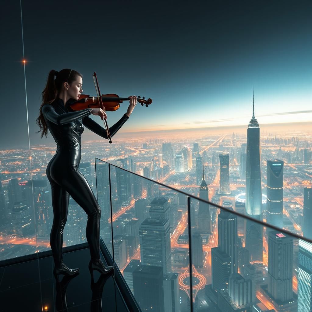 Futuristic Violinist in Neon Cityscape