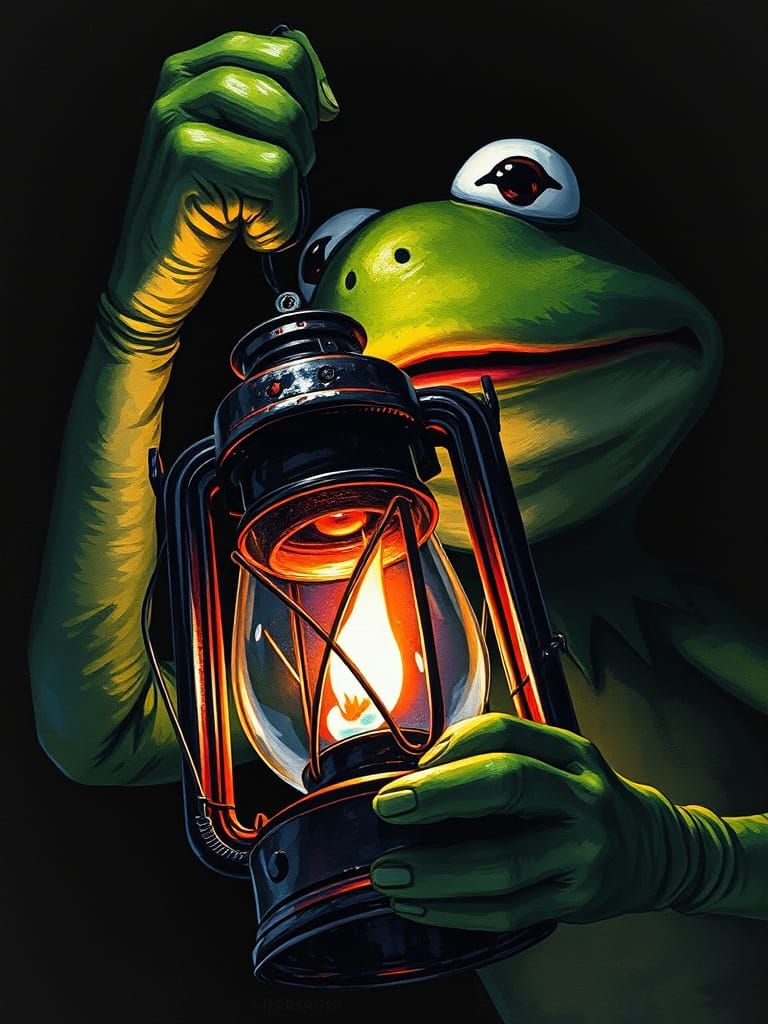Ominous Kermit with Lantern in Watercolor Sketch