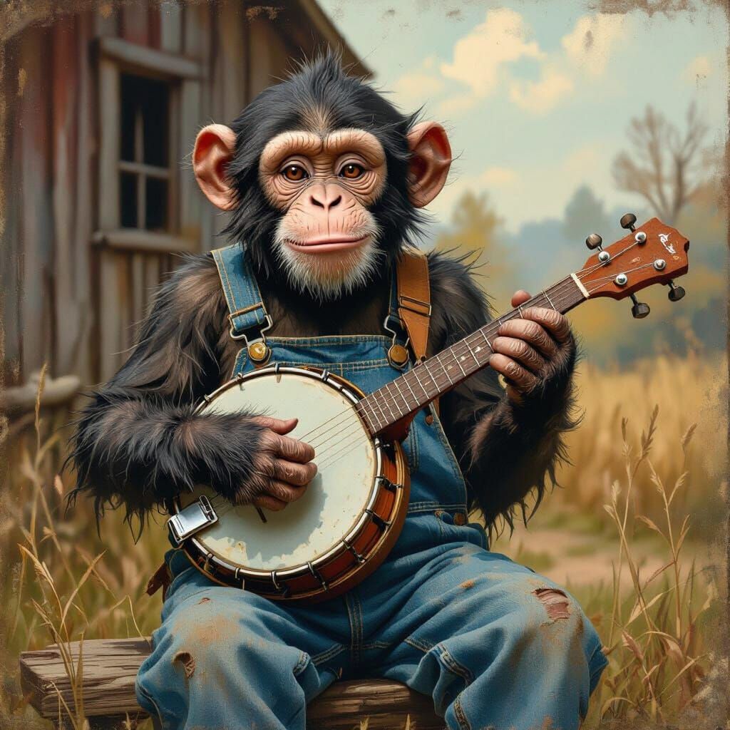 Monkey Musician in Overalls with Banjo, Folk-Art Style