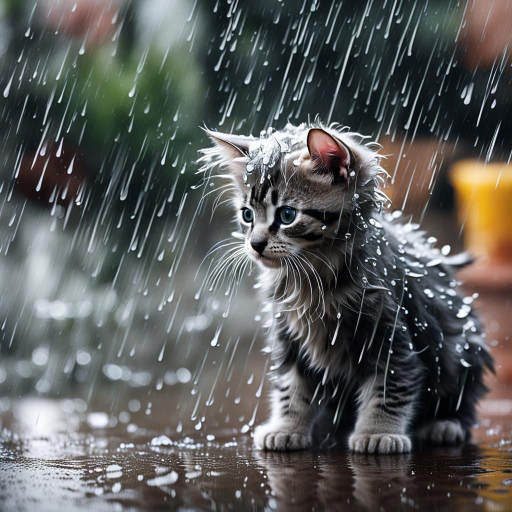 Sad Wet Kitten in Rain