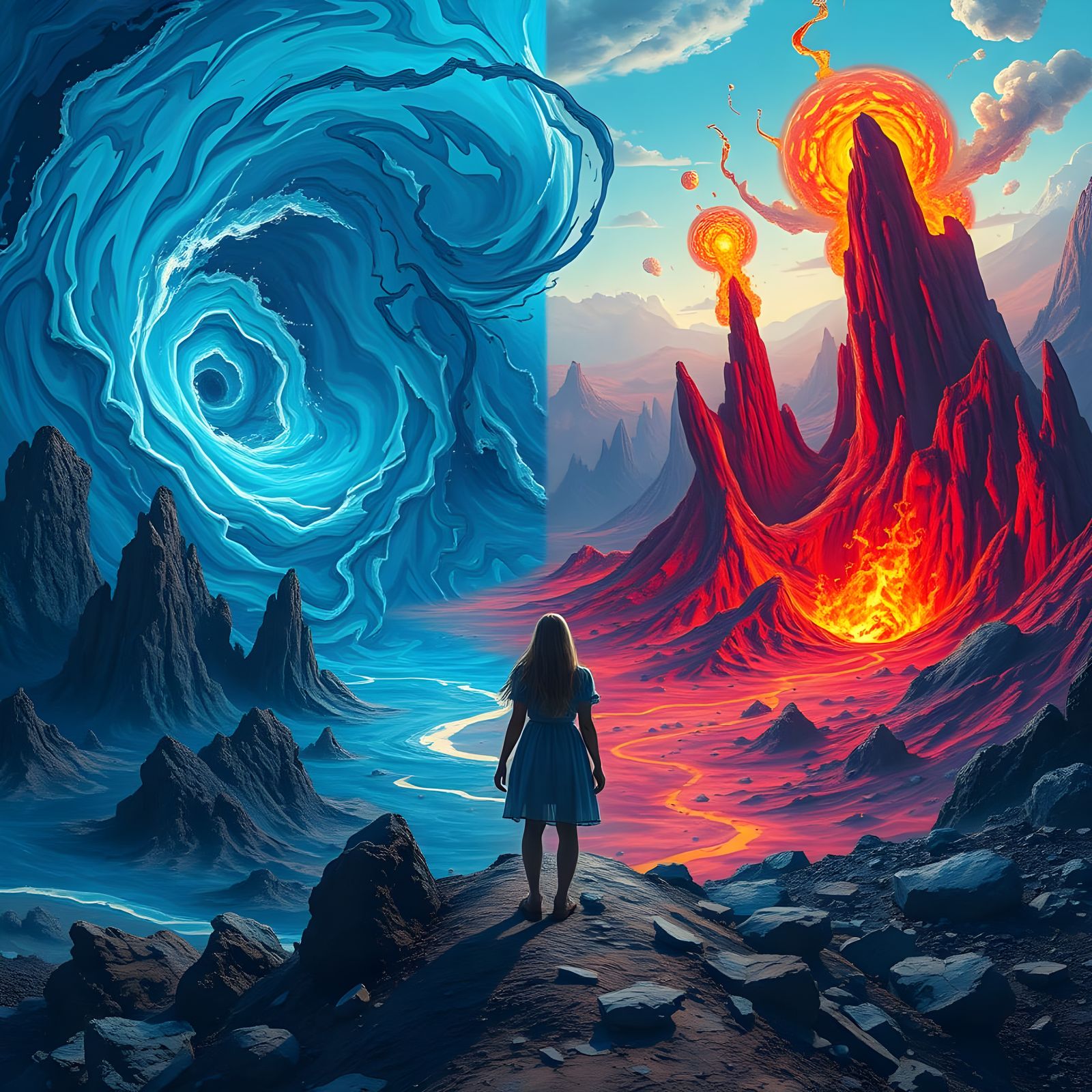 Surreal Blue Landscape Meets Fiery Red Terrain