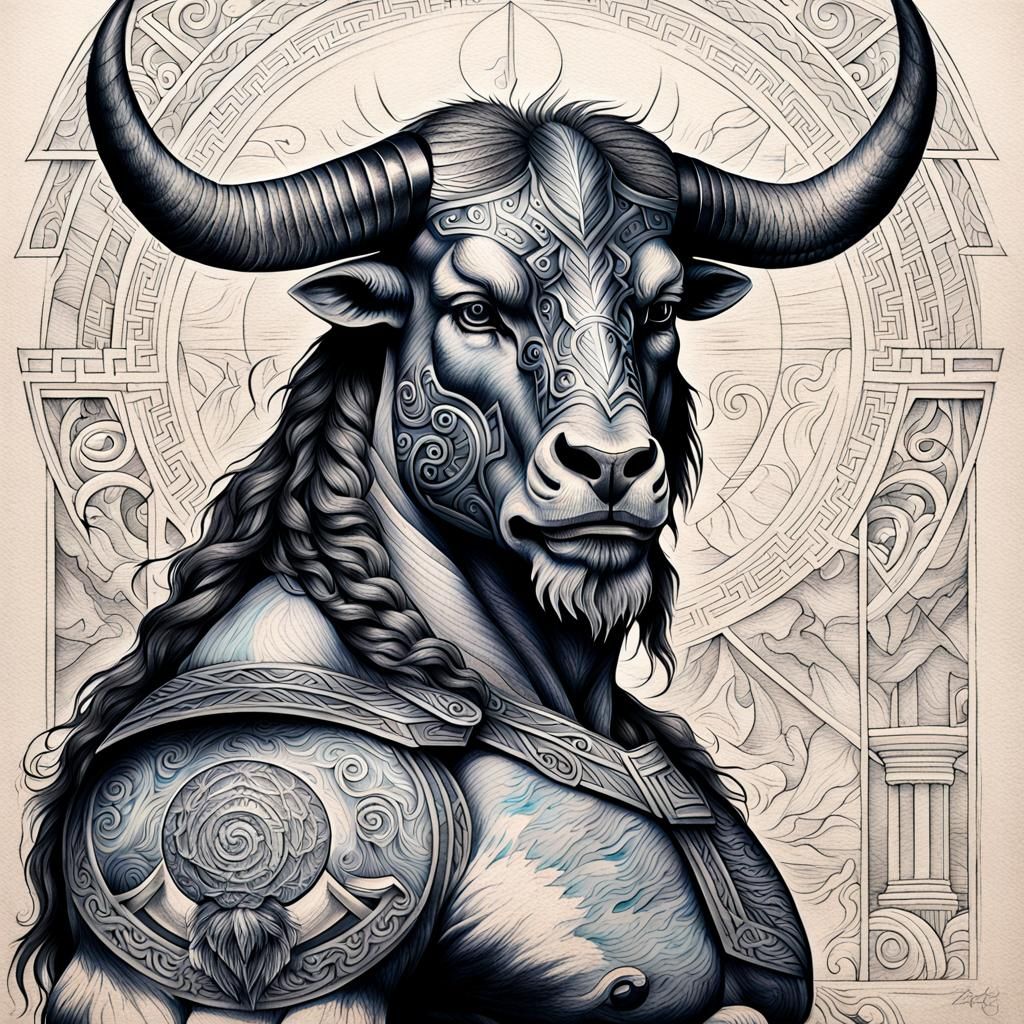 Minotaur and Falcon Tattoo Design in Charcoal