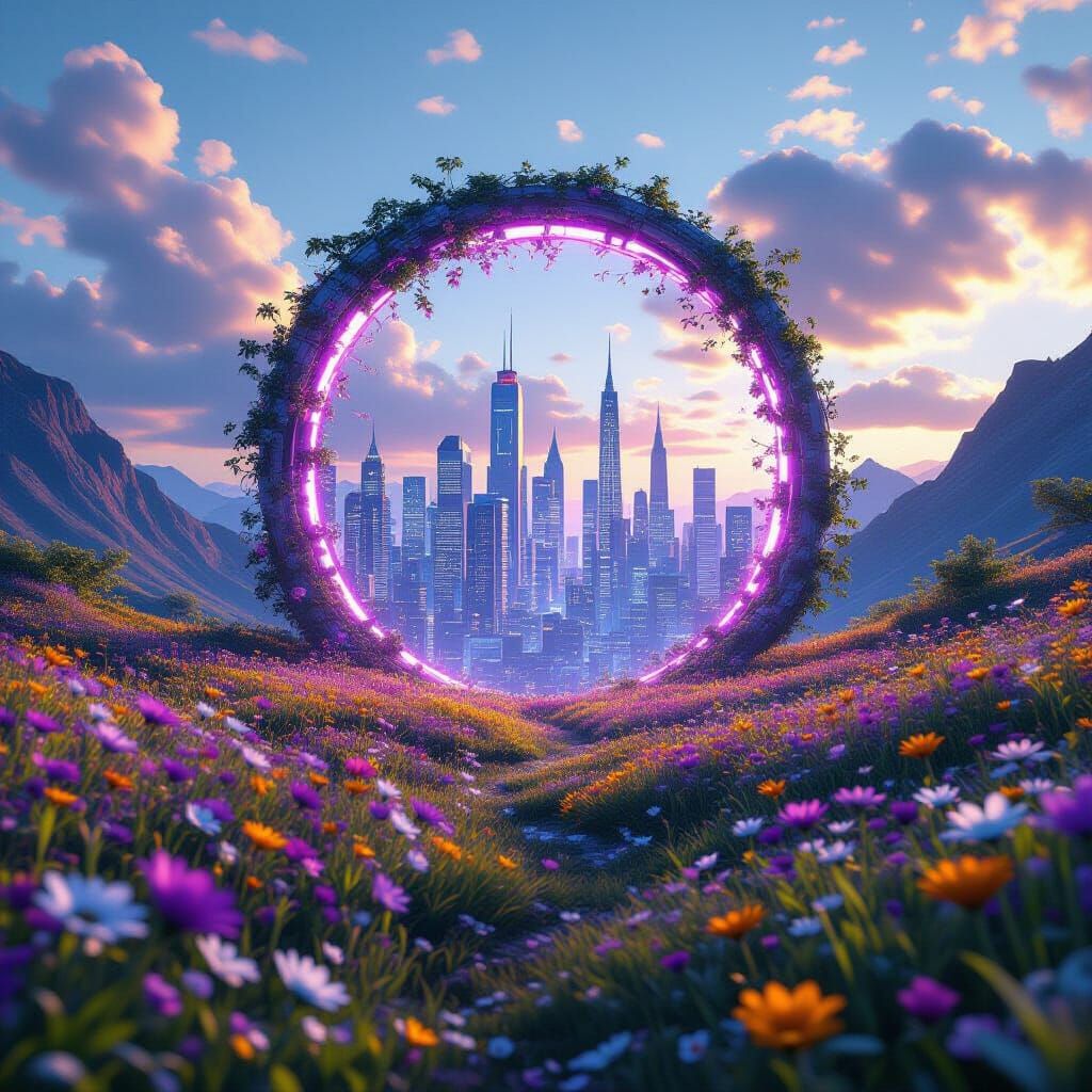 Floral Meadow Portal to Futuristic City