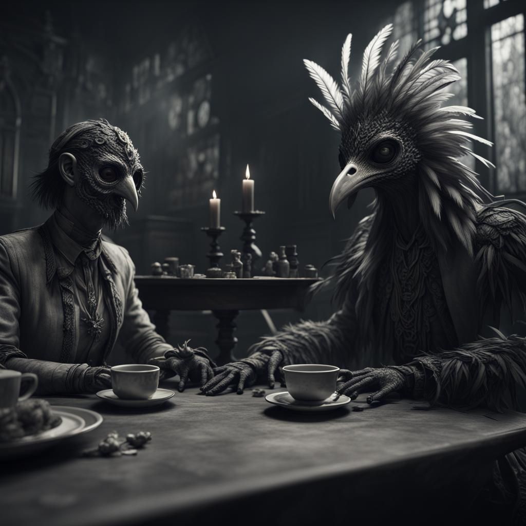 scary feathered masked creature, sitting at table with a scared familly, wide angle lens, Ilford HP5 –ar 16:9 –v 6.0