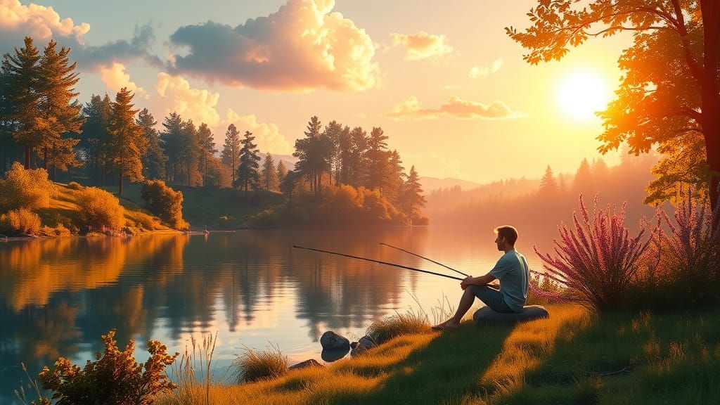 Young Man Fishing by Serene Lake, Ethereal Digital Painting