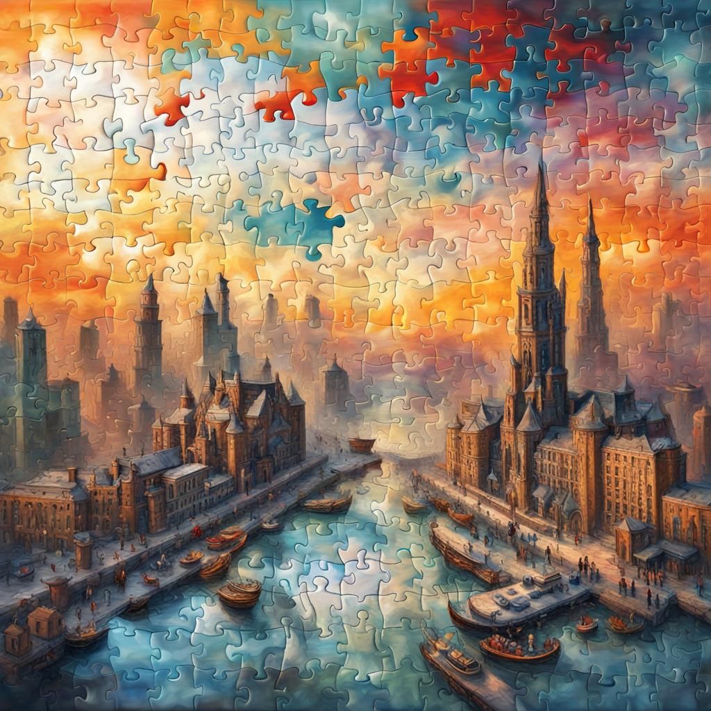 Dramatic Double Exposure Puzzle in Gouache Style