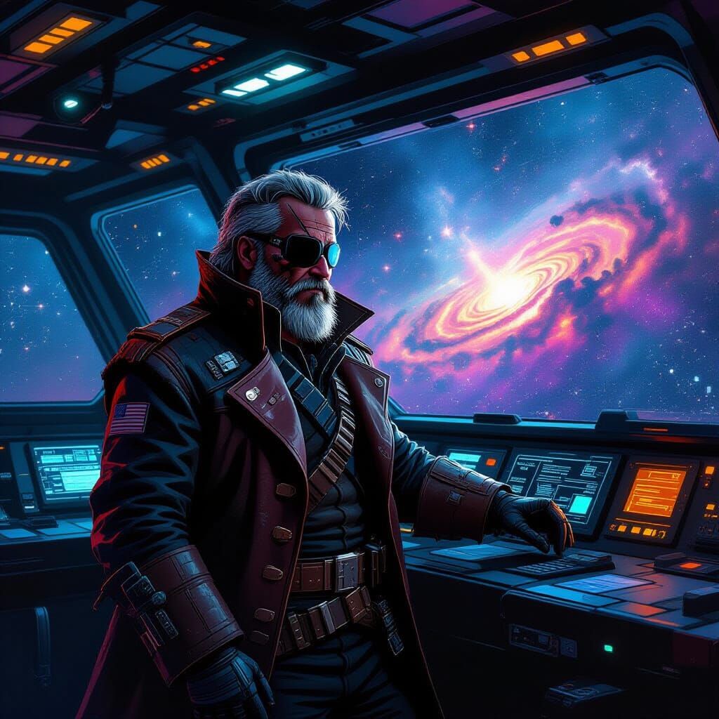 Space Pirate Captain Gazing at Nebula in Painterly Digital A...