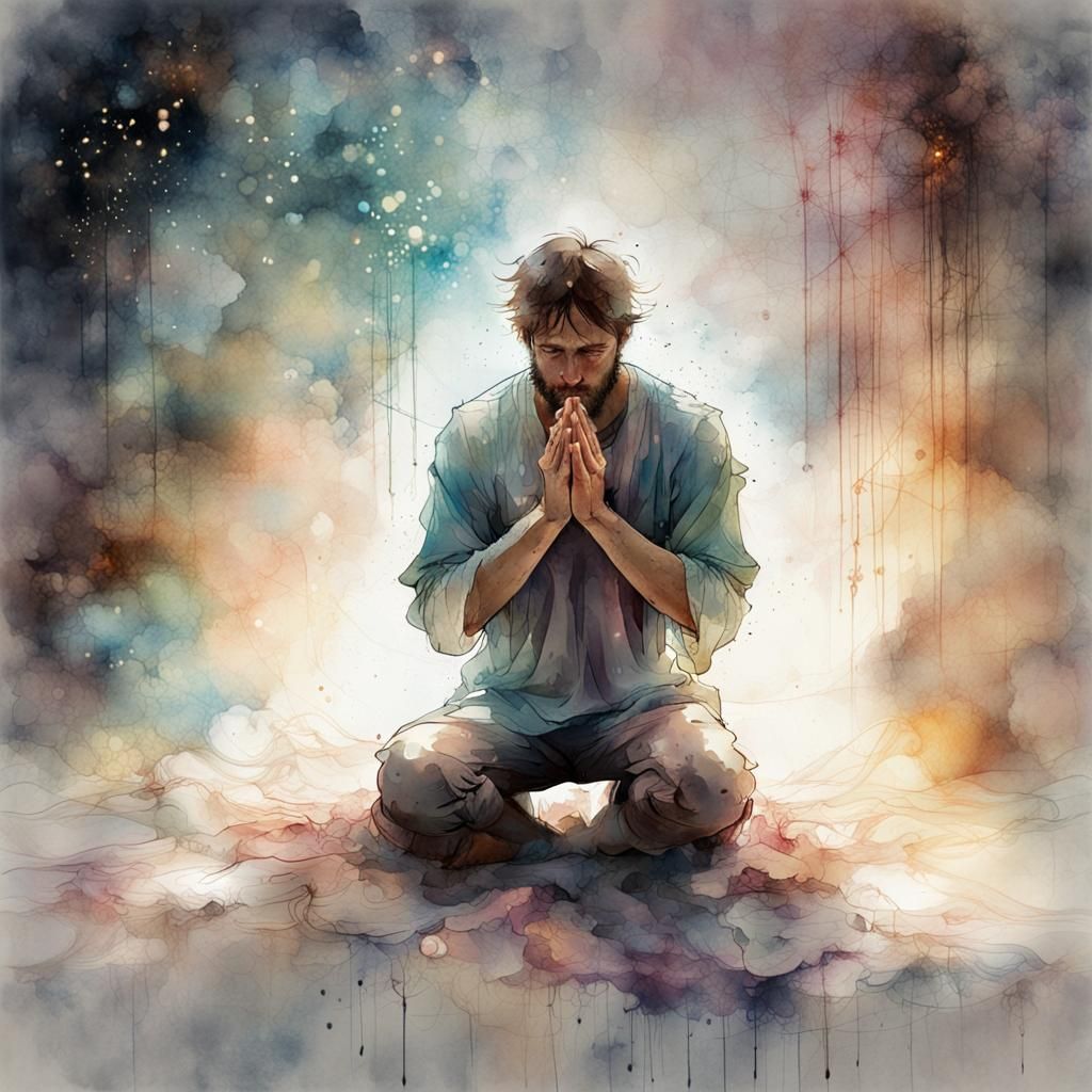 Man Praying: Fantasy Digital Watercolor Art
