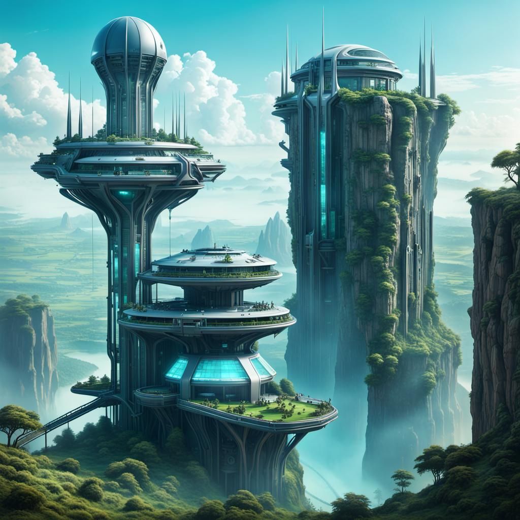Futuristic Outpost with Space Elevator in Futurepunk Style