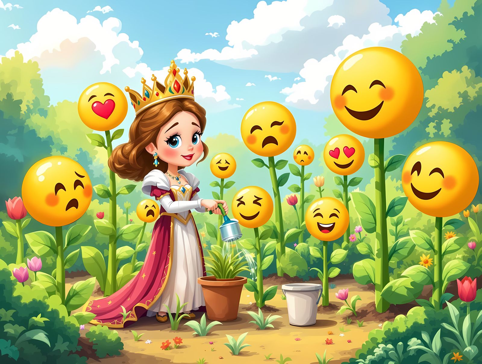 Whimsical Cartoon Queen Tends Emoji Garden in Digital Painti...