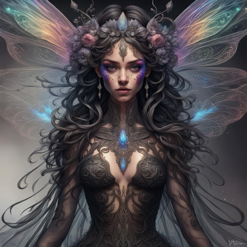 Crystal Fairy Portrait with Rainbow Flames and Lacy Wings