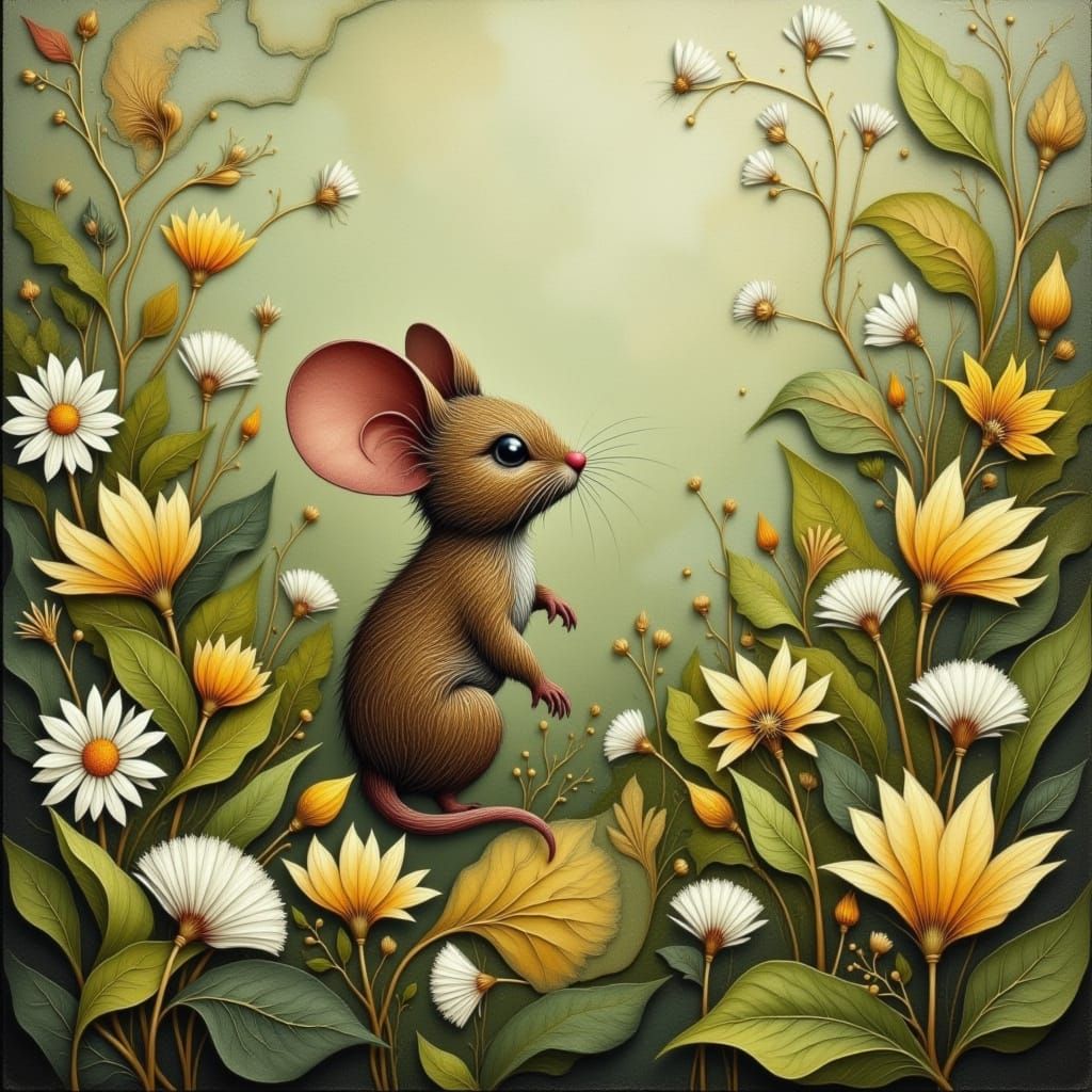 Mouse in Dandelion Field with Abstract Cloisonne Art