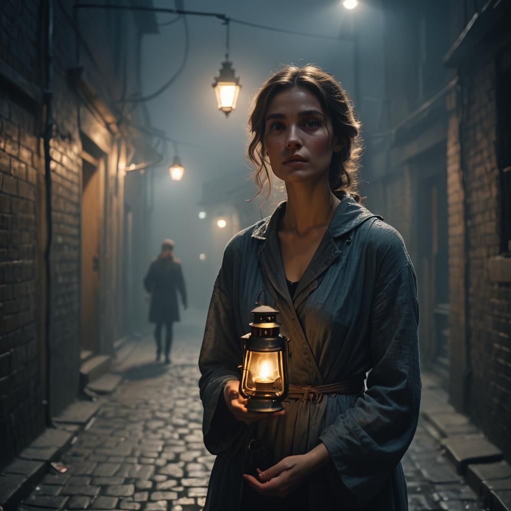 Woman Blinds Devil in Misty Alleyway