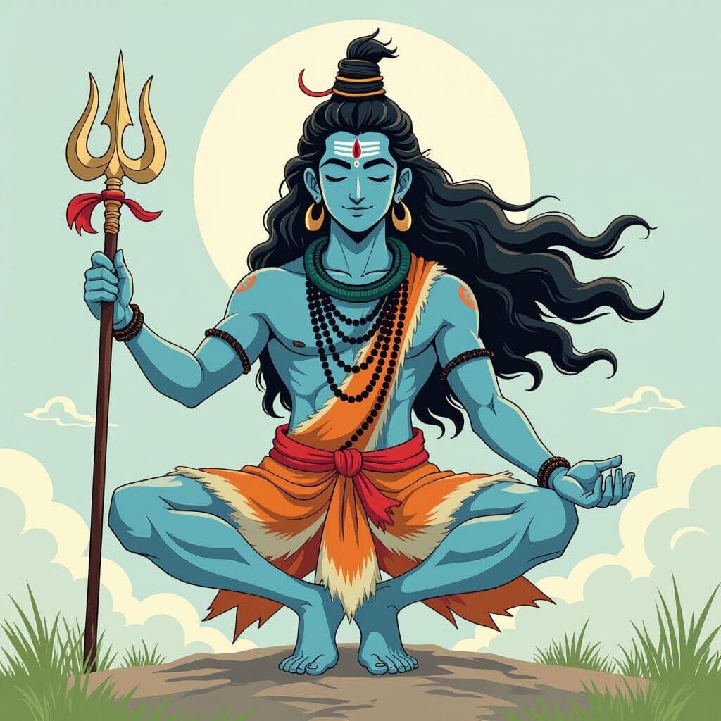 Lord Shiva Meditating in Vrksasana Pose: Ghibli Style