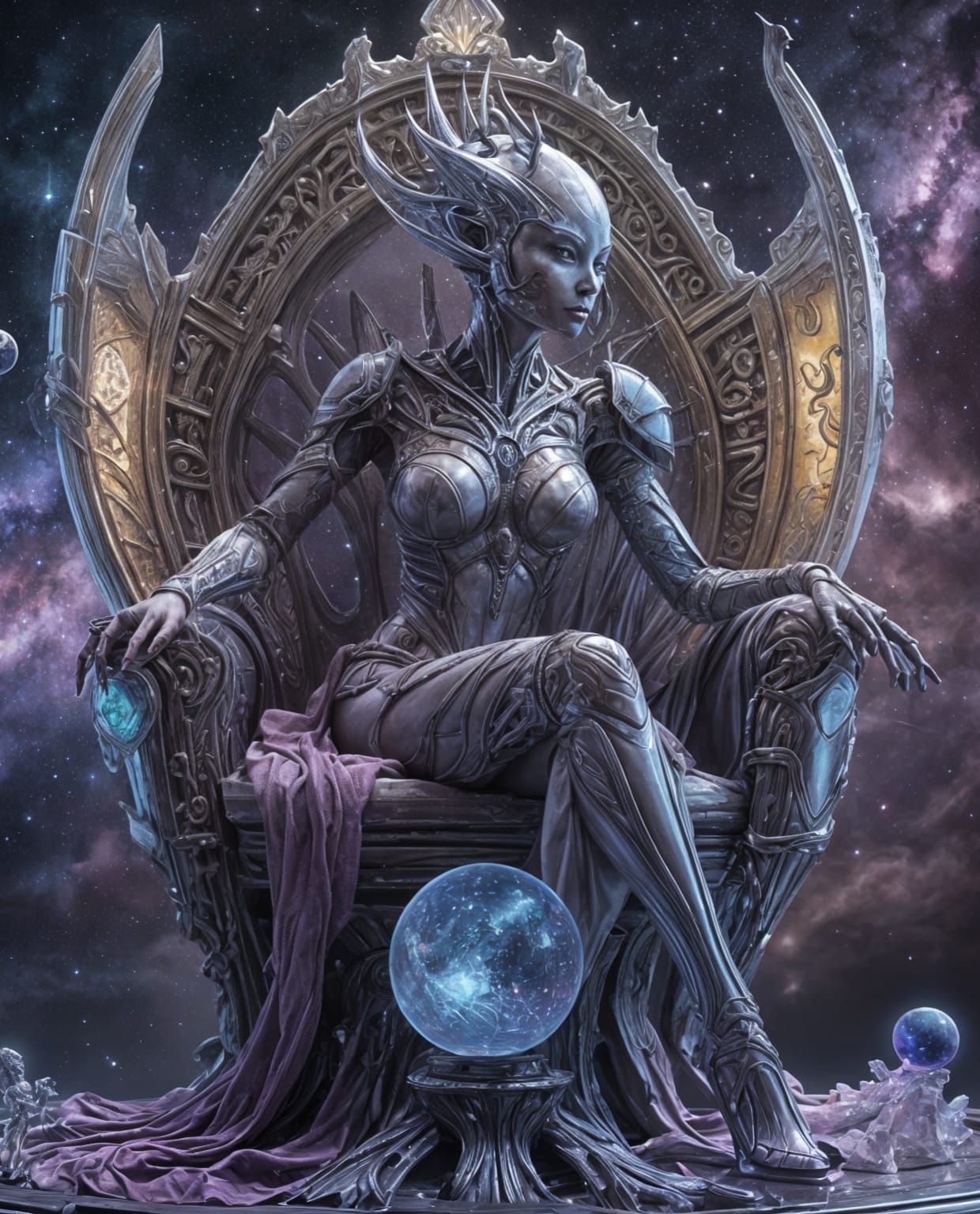 A beautiful and regal alien queen sitting on a crystal throne, she's holding a small orb containing the milky way galaxy...