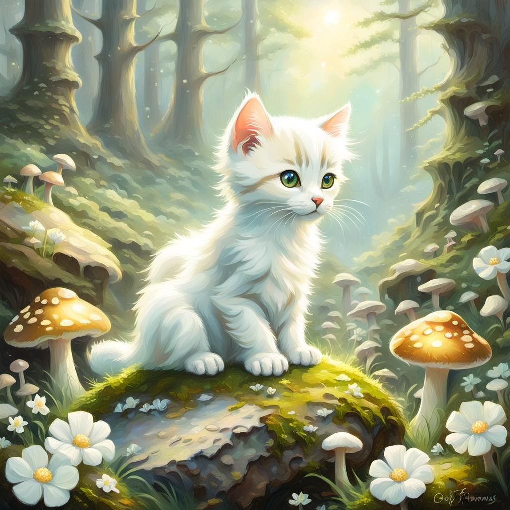 Kitten Portrait in Ethereal Fantasy Landscape as Oil Paintin...