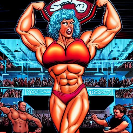Muscular Grandma Wrestler in Comic Book Style