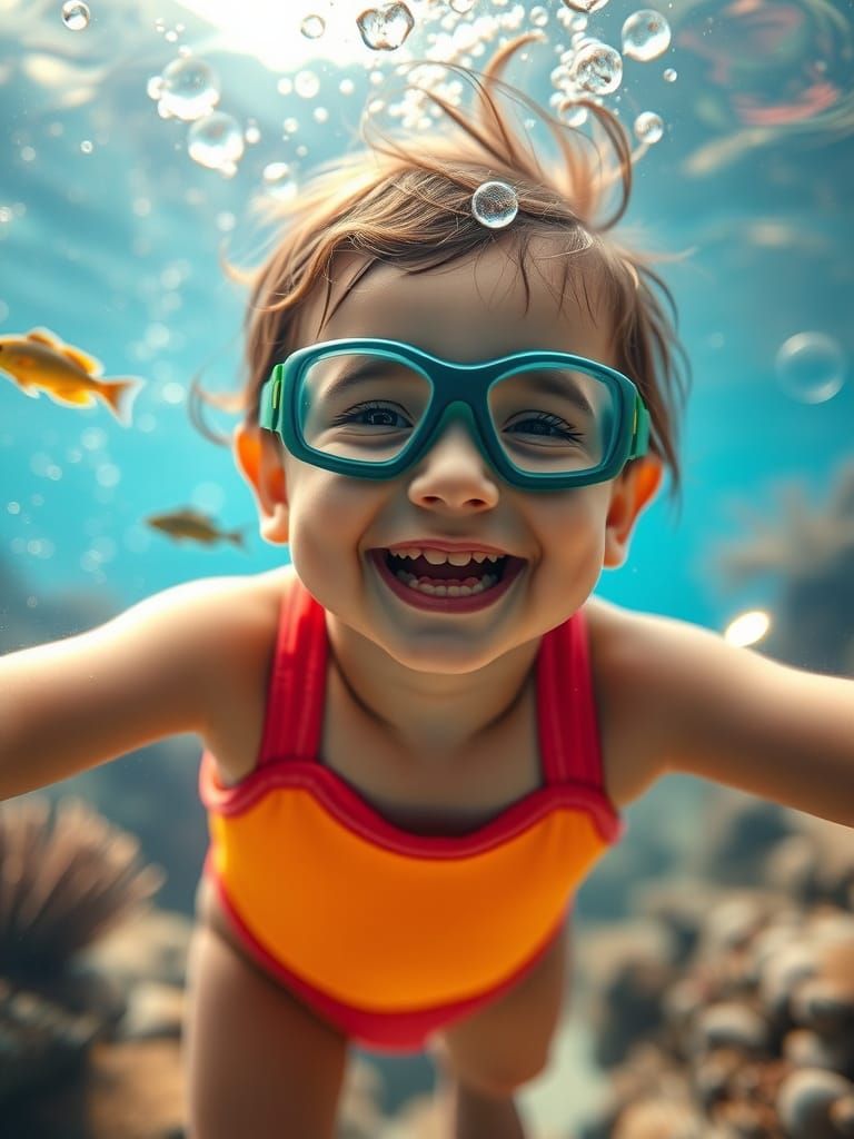 Child in Underwater Bubble with Vibrant Coral and Marine Lif...