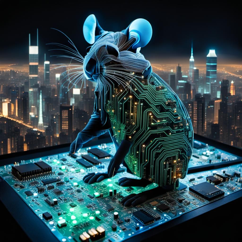 Glowing Circuit Cityscape on Motherboard